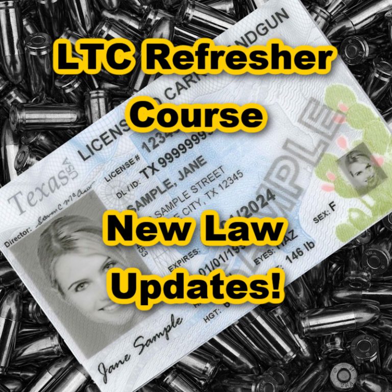 photo of sample texas handgun license lying on bullets, with text, start ltc refresher course