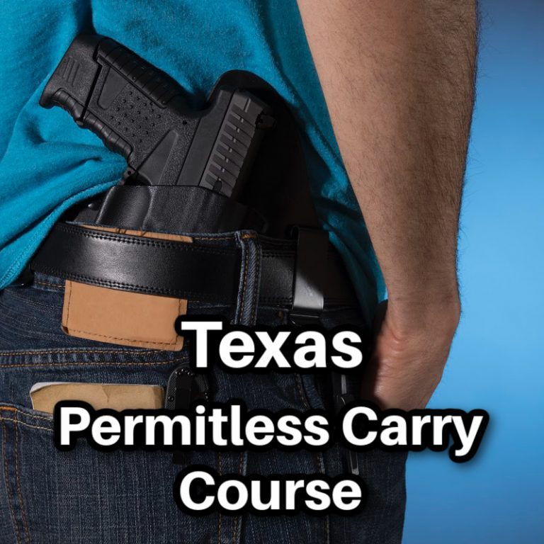 photo of gun holstered in waistband of pants, with text, start texas permitless carry course