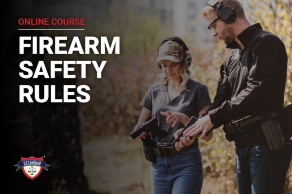 Two individuals practice firearm safety in an outdoor setting, highlighting an online course on firearm safety rules.