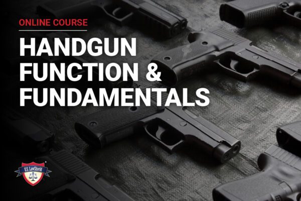 Handguns arranged on a surface, promoting an online course about handgun function and fundamentals, emphasizing firearm education.