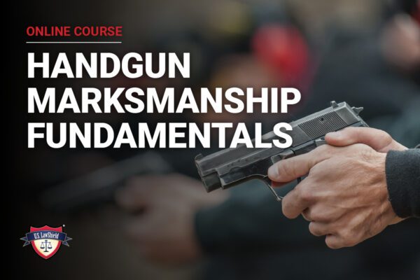 Hands holding a handgun aim towards the target, illustrating an online course titled "Handgun Marksmanship Fundamentals" focused on shooting skills.