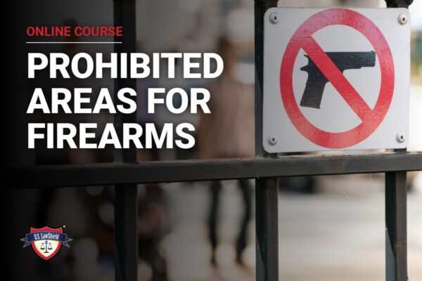 A sign indicating firearms are prohibited, displayed on a gate, emphasizes safety regulations related to the online course.