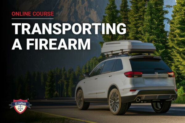 Online course banner featuring a vehicle on a highway, emphasizing "Transporting a Firearm" with a scenic mountain backdrop.