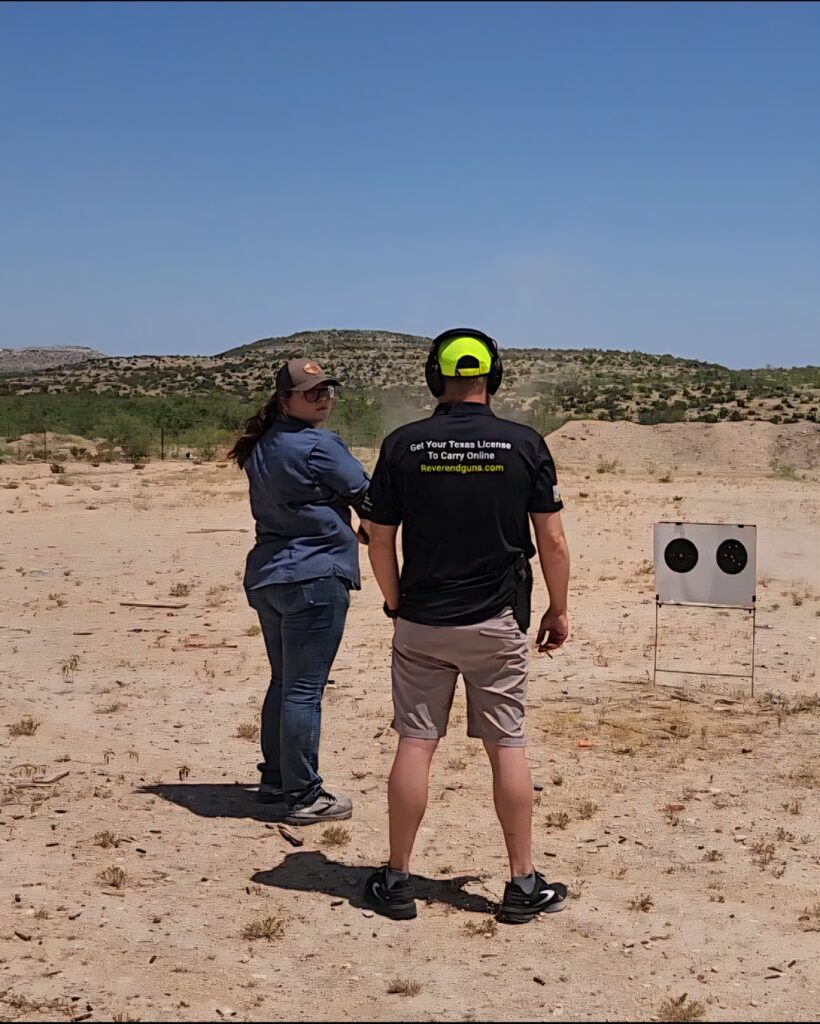 Two individuals stand at a shooting range, preparing to practice. A target with two bullseyes is visible in the background, highlighting the training context.